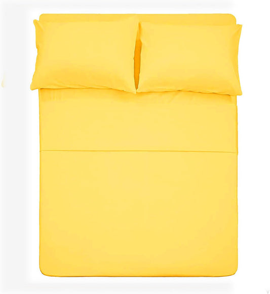 Cotton Queen Size Bed Sheets Set (Yellow Color) 4 Piece - 100% Cotton Sheet Sets with Envelope Pillow case Deep Pocket, Breathable, Durable & Easy to Clean