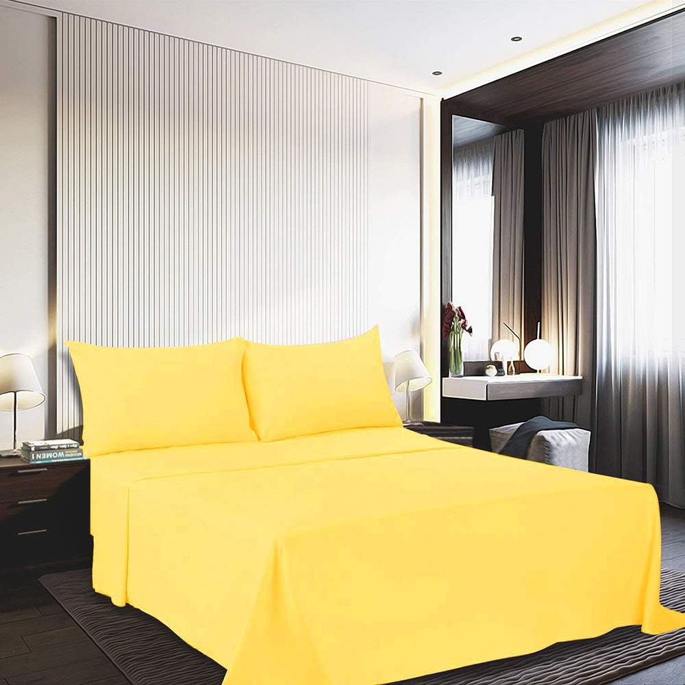 Cotton Queen Size Bed Sheets Set (Yellow Color) 4 Piece - 100% Cotton Sheet Sets with Envelope Pillow case Deep Pocket, Breathable, Durable & Easy to Clean