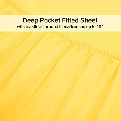 Cotton Queen Size Bed Sheets Set (Yellow Color) 4 Piece - 100% Cotton Sheet Sets with Envelope Pillow case Deep Pocket, Breathable, Durable & Easy to Clean