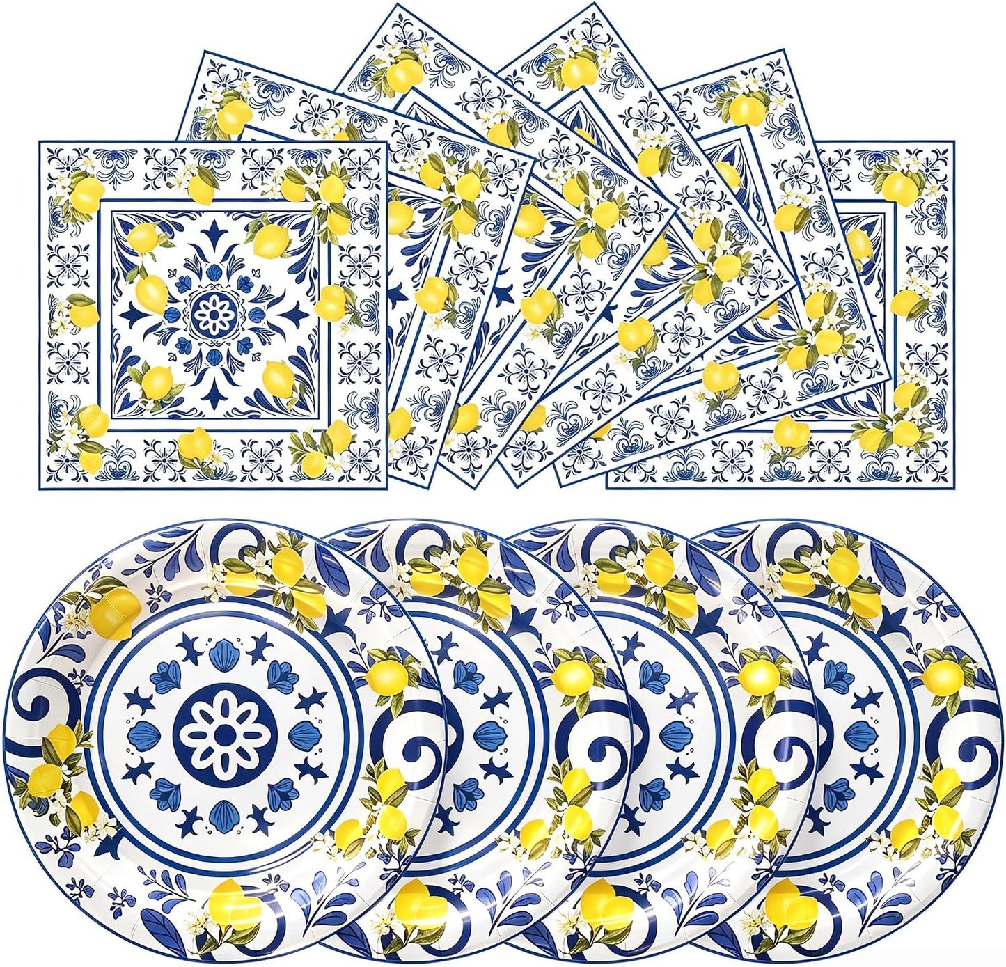 50 Pcs Lemon Plates and Napkins Set, 7 Inch Blue Tiles Yellow Lemon Paper Plates Napkins Disposable Tableware Supplies for Summer Picnic Baby Shower Lemon Birthday Party Decorations