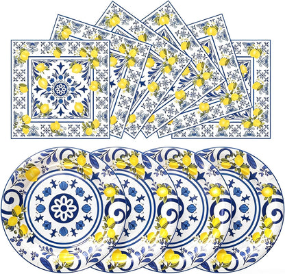 50 Pcs Lemon Plates and Napkins Set, 7 Inch Blue Tiles Yellow Lemon Paper Plates Napkins Disposable Tableware Supplies for Summer Picnic Baby Shower Lemon Birthday Party Decorations