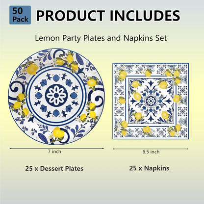 50 Pcs Lemon Plates and Napkins Set, 7 Inch Blue Tiles Yellow Lemon Paper Plates Napkins Disposable Tableware Supplies for Summer Picnic Baby Shower Lemon Birthday Party Decorations