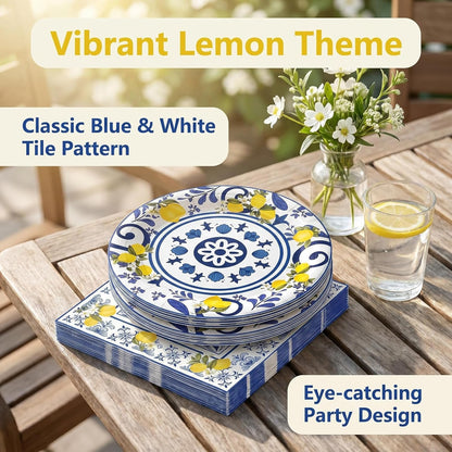 50 Pcs Lemon Plates and Napkins Set, 7 Inch Blue Tiles Yellow Lemon Paper Plates Napkins Disposable Tableware Supplies for Summer Picnic Baby Shower Lemon Birthday Party Decorations