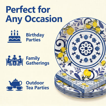 50 Pcs Lemon Plates and Napkins Set, 7 Inch Blue Tiles Yellow Lemon Paper Plates Napkins Disposable Tableware Supplies for Summer Picnic Baby Shower Lemon Birthday Party Decorations