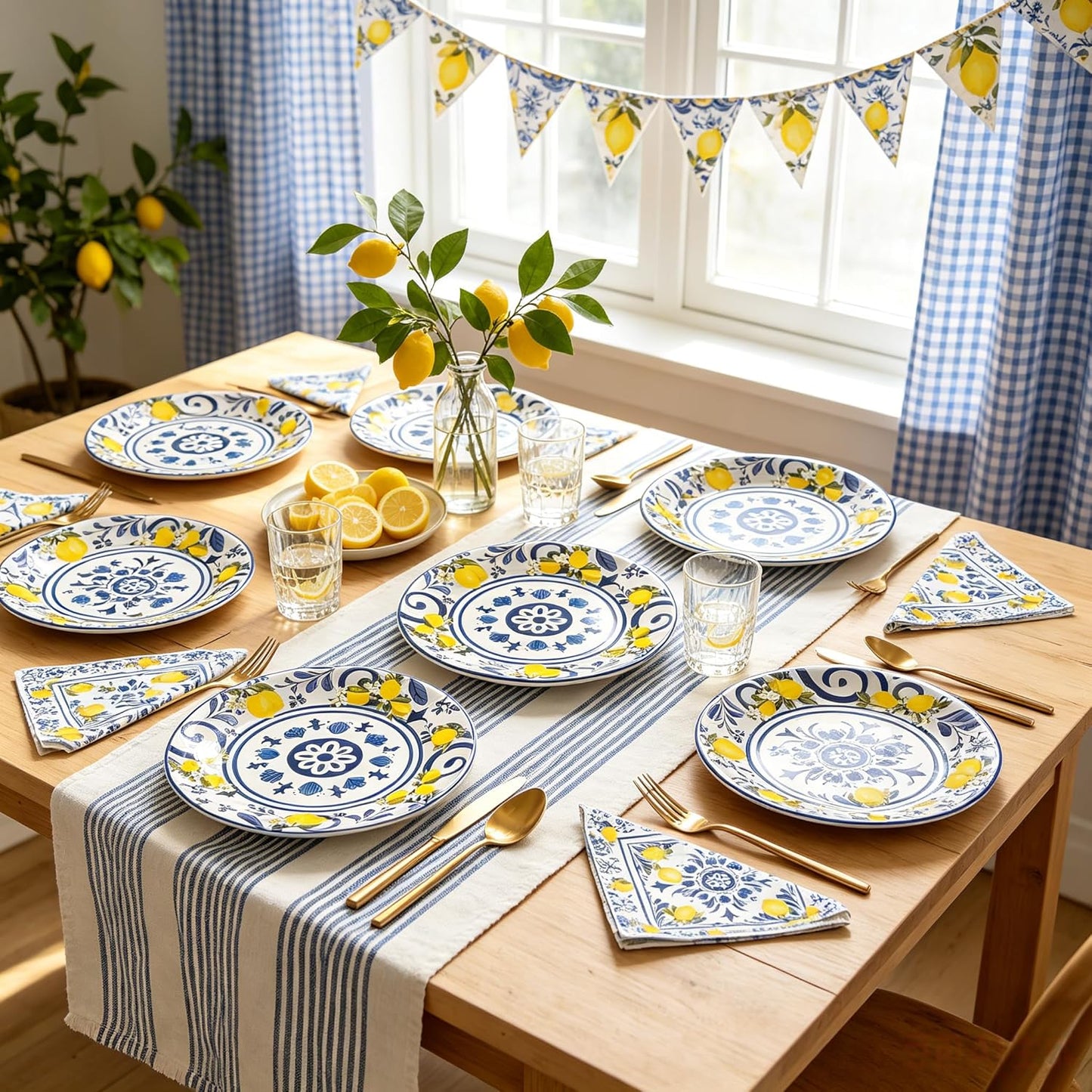 50 Pcs Lemon Plates and Napkins Set, 7 Inch Blue Tiles Yellow Lemon Paper Plates Napkins Disposable Tableware Supplies for Summer Picnic Baby Shower Lemon Birthday Party Decorations