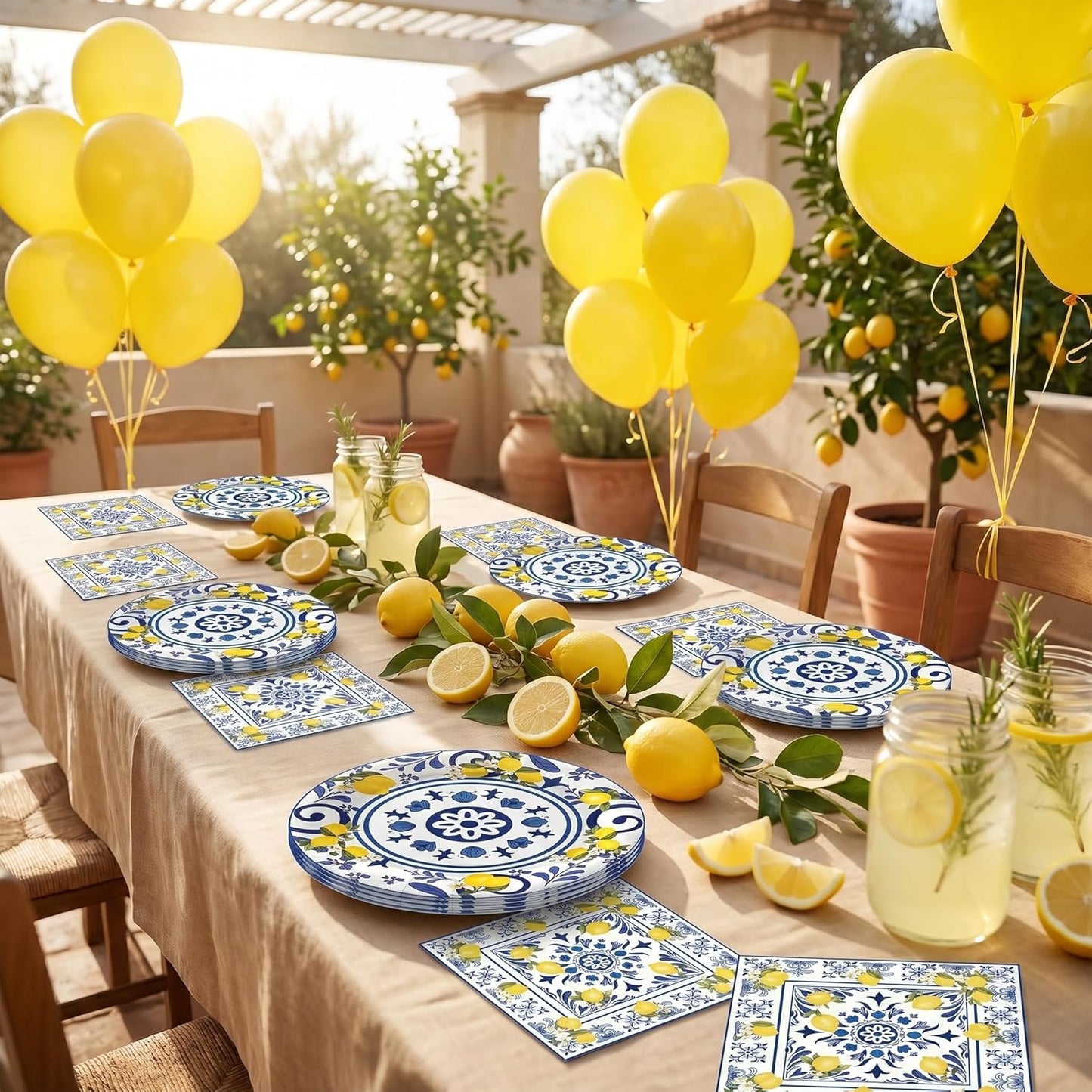50 Pcs Lemon Plates and Napkins Set, 7 Inch Blue Tiles Yellow Lemon Paper Plates Napkins Disposable Tableware Supplies for Summer Picnic Baby Shower Lemon Birthday Party Decorations