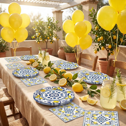 50 Pcs Lemon Plates and Napkins Set, 7 Inch Blue Tiles Yellow Lemon Paper Plates Napkins Disposable Tableware Supplies for Summer Picnic Baby Shower Lemon Birthday Party Decorations