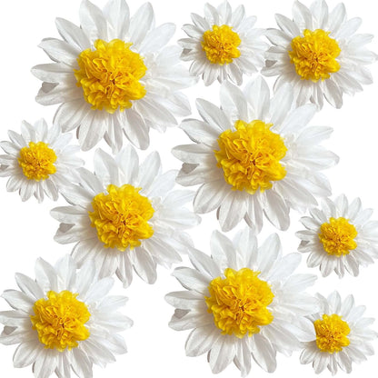 Daisy Tissue Paper Pom Poms Party Decorations White Yellow 12" 8" | Flowers Wall Hanging 1st Birthday Bridal Baby Shower Wedding Classroom Décor, Pack of 10