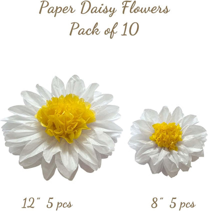 Daisy Tissue Paper Pom Poms Party Decorations White Yellow 12" 8" | Flowers Wall Hanging 1st Birthday Bridal Baby Shower Wedding Classroom Décor, Pack of 10