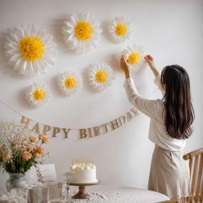 Daisy Tissue Paper Pom Poms Party Decorations White Yellow 12" 8" | Flowers Wall Hanging 1st Birthday Bridal Baby Shower Wedding Classroom Décor, Pack of 10