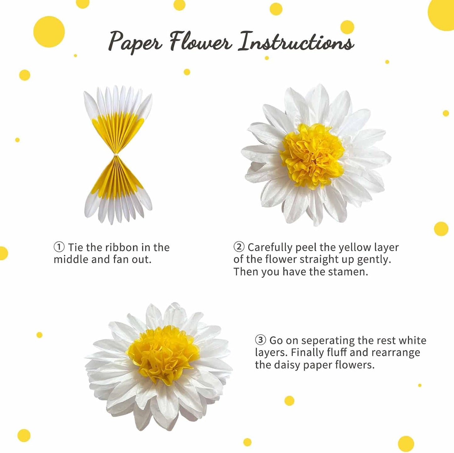 Daisy Tissue Paper Pom Poms Party Decorations White Yellow 12" 8" | Flowers Wall Hanging 1st Birthday Bridal Baby Shower Wedding Classroom Décor, Pack of 10