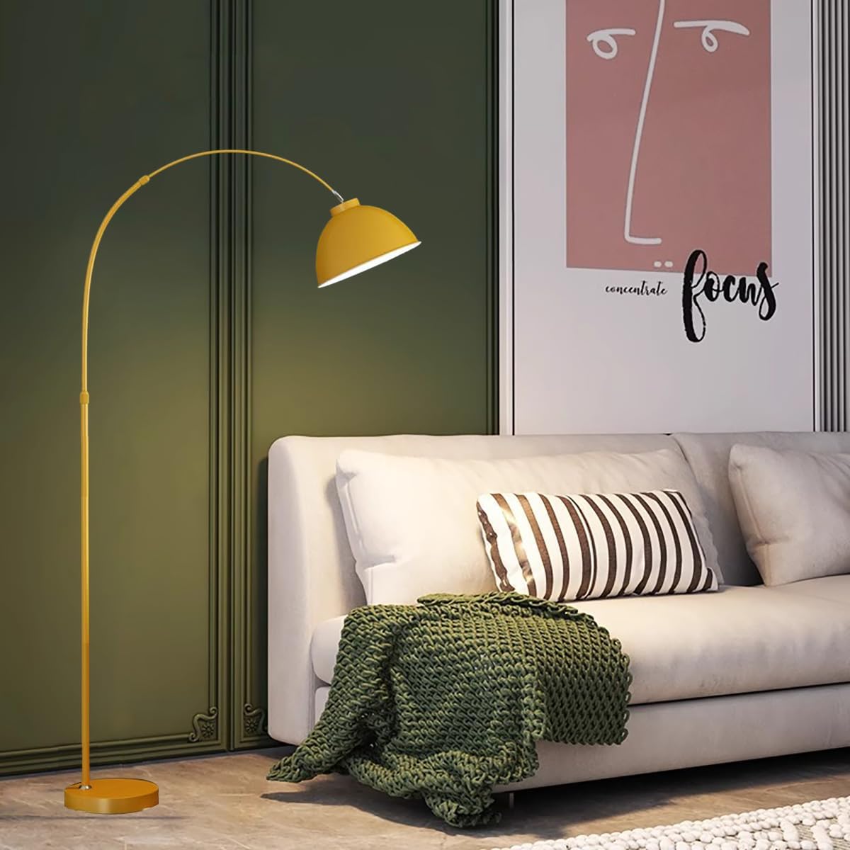 64 in Yellow Arc Floor Lamp for Living Room,Dome M | Flexible Lighting,Stable Metal Base,Foot Switch Control,Modern Style,3000K Warm Cozy Glow,Suit for Bedroom,Over Couch