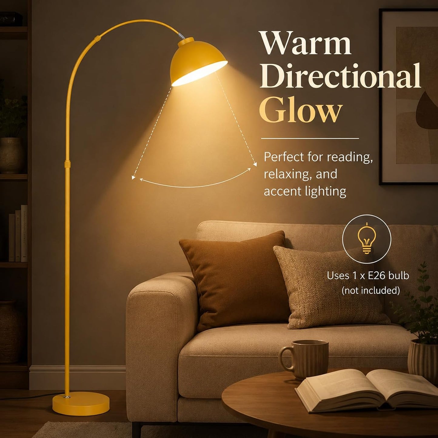 64 in Yellow Arc Floor Lamp for Living Room,Dome M | Flexible Lighting,Stable Metal Base,Foot Switch Control,Modern Style,3000K Warm Cozy Glow,Suit for Bedroom,Over Couch