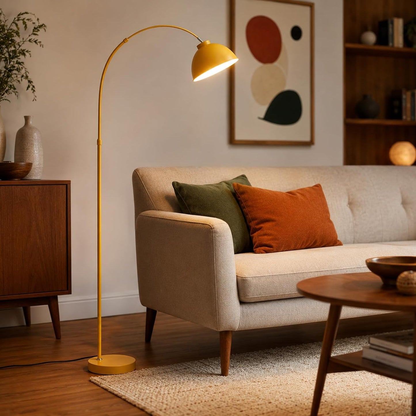 64 in Yellow Arc Floor Lamp for Living Room,Dome M | Flexible Lighting,Stable Metal Base,Foot Switch Control,Modern Style,3000K Warm Cozy Glow,Suit for Bedroom,Over Couch