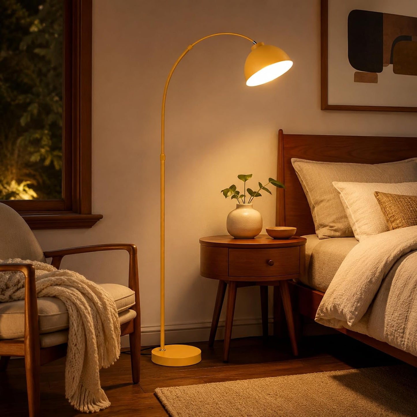 64 in Yellow Arc Floor Lamp for Living Room,Dome M | Flexible Lighting,Stable Metal Base,Foot Switch Control,Modern Style,3000K Warm Cozy Glow,Suit for Bedroom,Over Couch