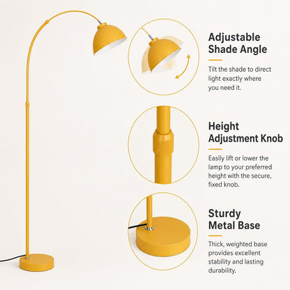 64 in Yellow Arc Floor Lamp for Living Room,Dome M | Flexible Lighting,Stable Metal Base,Foot Switch Control,Modern Style,3000K Warm Cozy Glow,Suit for Bedroom,Over Couch