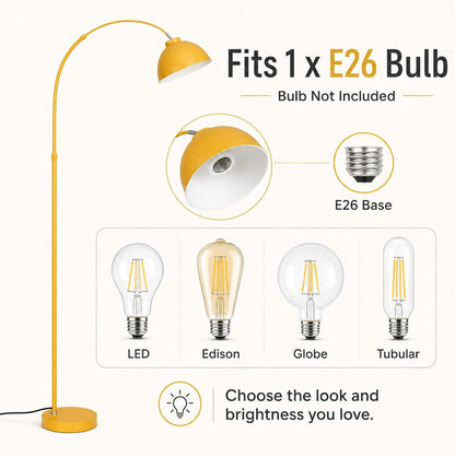 64 in Yellow Arc Floor Lamp for Living Room,Dome M | Flexible Lighting,Stable Metal Base,Foot Switch Control,Modern Style,3000K Warm Cozy Glow,Suit for Bedroom,Over Couch