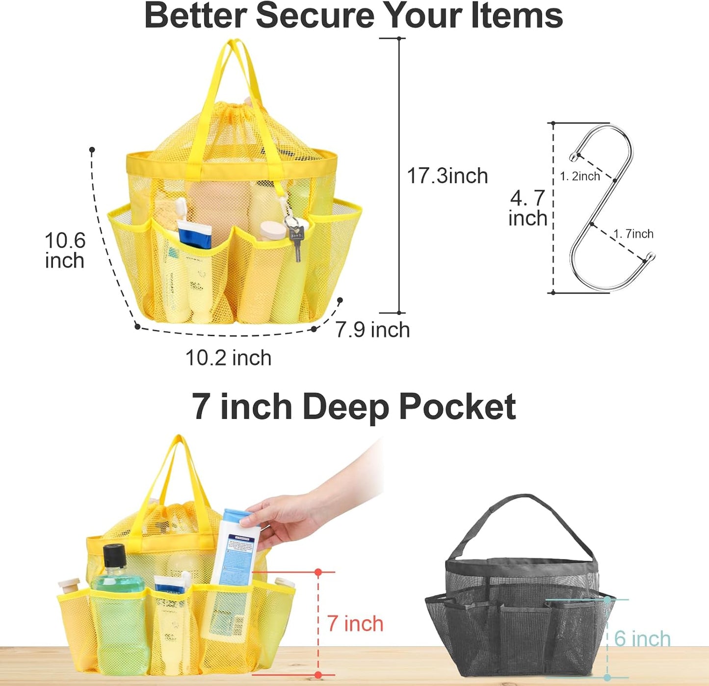 Mesh Shower Caddy Portable with Drawstring - 2-Handle Shower Bag for Dorm | 8 Deep Pockets, S-Hook, Quick-Dry Mesh, College Dorm Room Essentials for Girls, Camping, Gym, Travel, Yellow