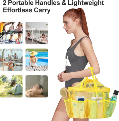 Mesh Shower Caddy Portable with Drawstring - 2-Handle Shower Bag for Dorm | 8 Deep Pockets, S-Hook, Quick-Dry Mesh, College Dorm Room Essentials for Girls, Camping, Gym, Travel, Yellow