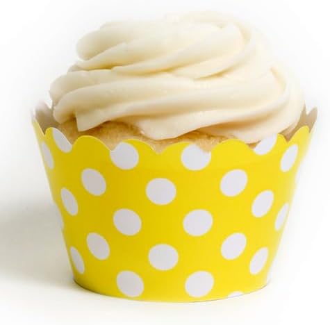 Yellow Polka Dot Cupcake Wrappers, Set of 12 – Decorative Paper Baking Wraps for Standard Cupcakes, Party Desserts, Birthdays, Baby Showers, Weddings