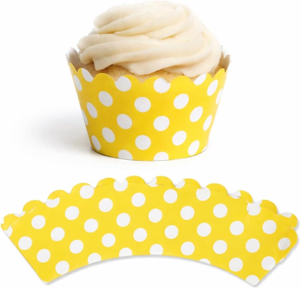 Yellow Polka Dot Cupcake Wrappers, Set of 12 – Decorative Paper Baking Wraps for Standard Cupcakes, Party Desserts, Birthdays, Baby Showers, Weddings