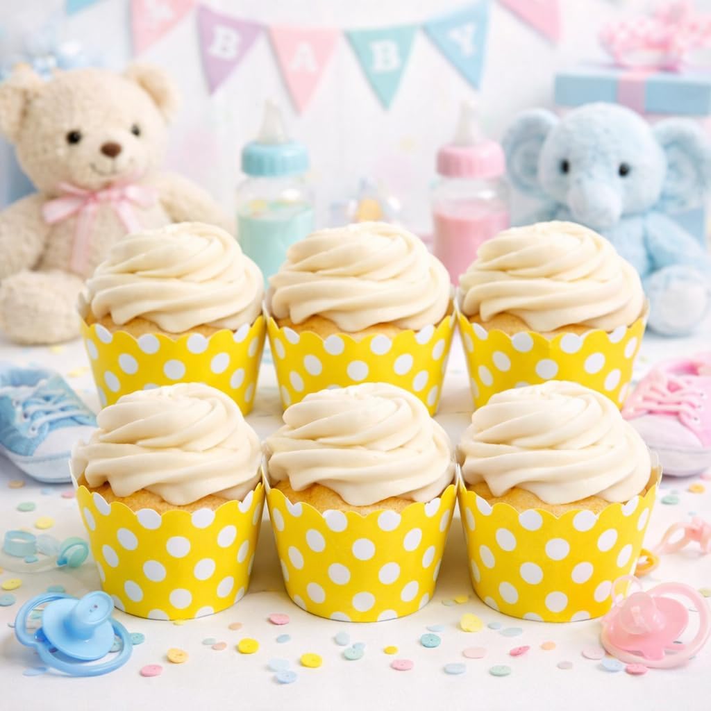 Yellow Polka Dot Cupcake Wrappers, Set of 12 – Decorative Paper Baking Wraps for Standard Cupcakes, Party Desserts, Birthdays, Baby Showers, Weddings