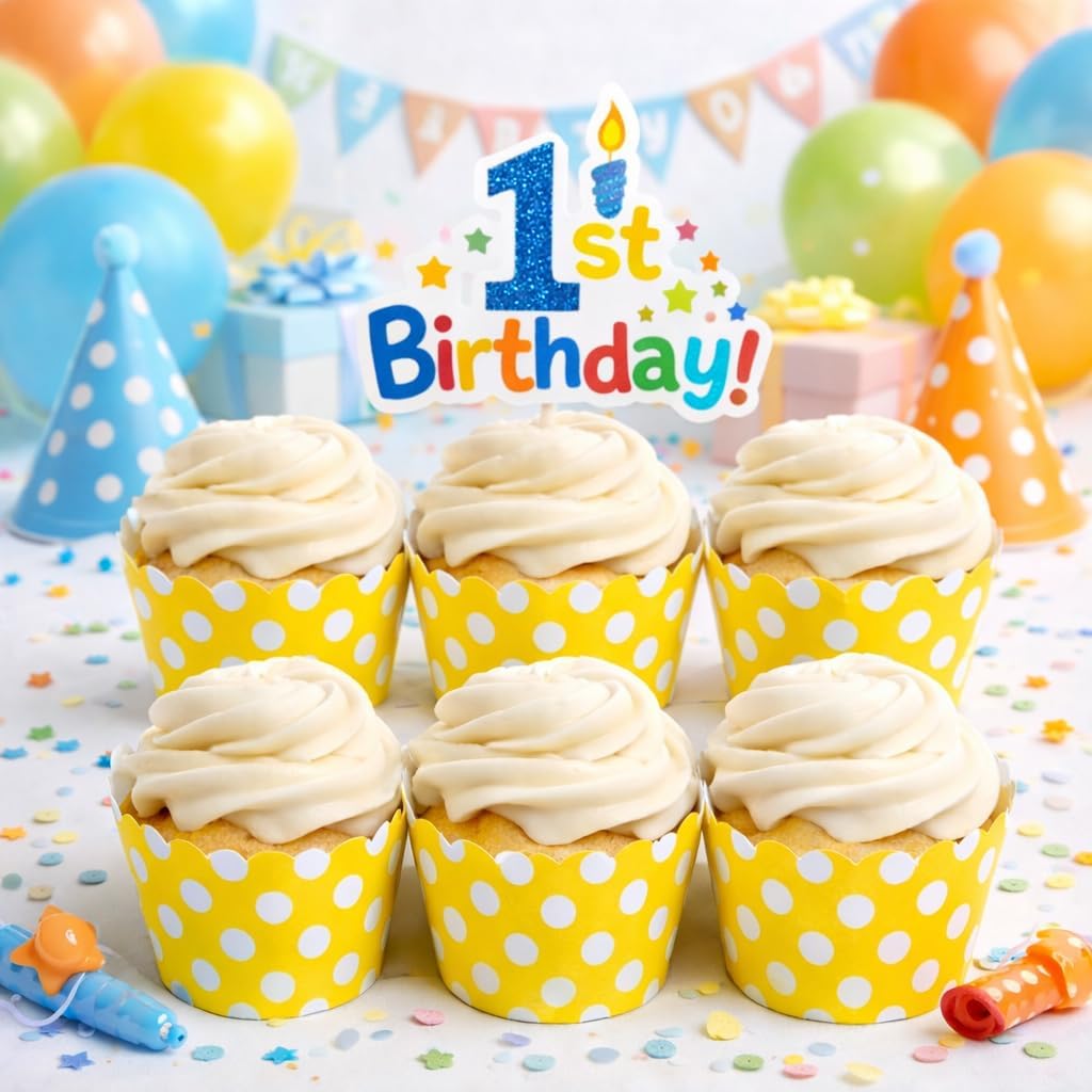 Yellow Polka Dot Cupcake Wrappers, Set of 12 – Decorative Paper Baking Wraps for Standard Cupcakes, Party Desserts, Birthdays, Baby Showers, Weddings