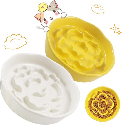 Cat Slow Feeder Bowl Set,2 Pcs Pastel Series Cat Plate for Dry and Wet Food | Cute Maze Feeder Dish for Healthy Eating- Dishwasher Safe (Yellow and White)