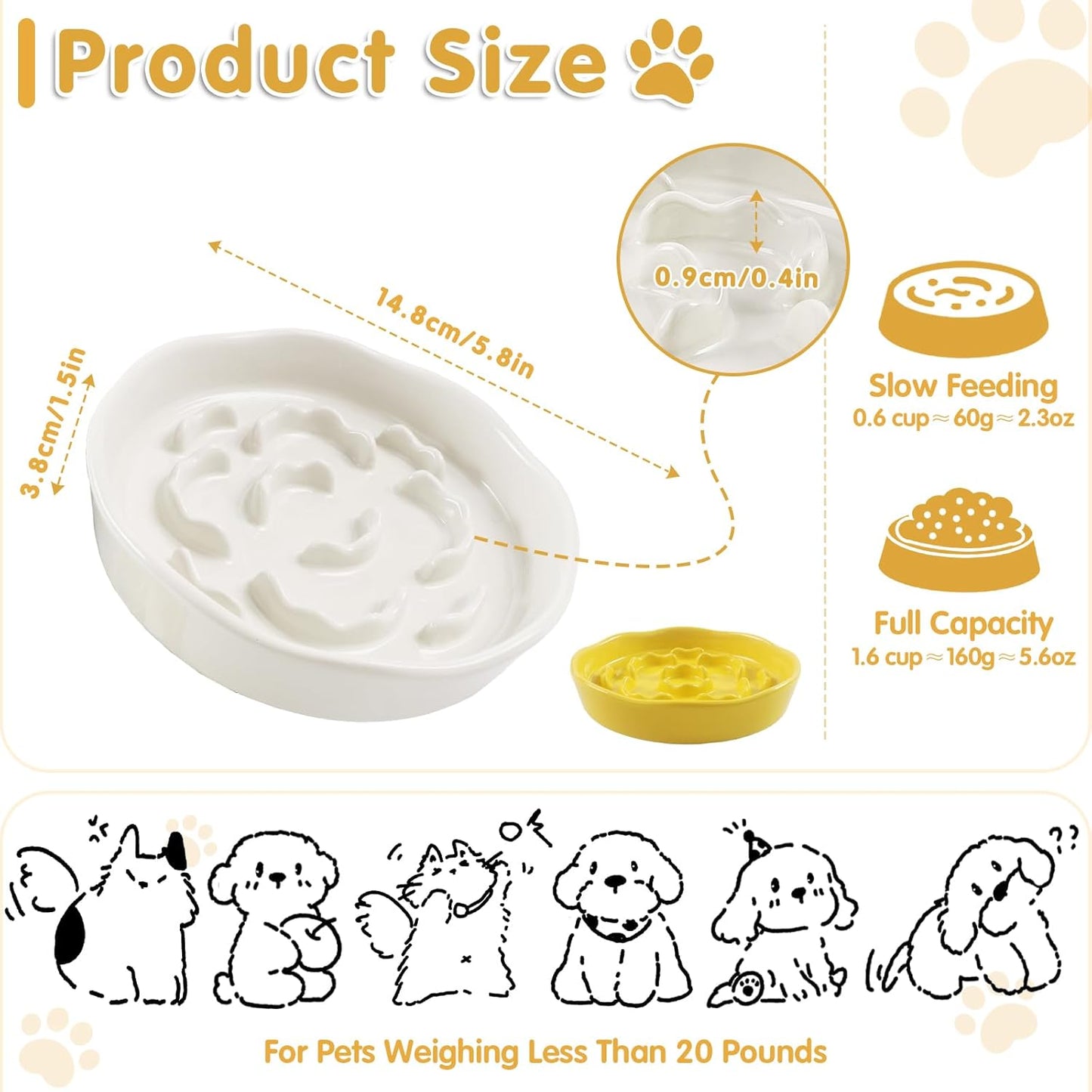 Cat Slow Feeder Bowl Set,2 Pcs Pastel Series Cat Plate for Dry and Wet Food | Cute Maze Feeder Dish for Healthy Eating- Dishwasher Safe (Yellow and White)