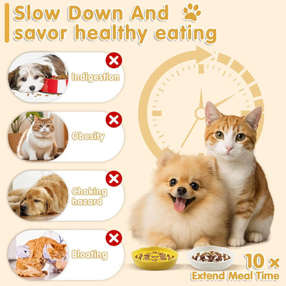 Cat Slow Feeder Bowl Set,2 Pcs Pastel Series Cat Plate for Dry and Wet Food | Cute Maze Feeder Dish for Healthy Eating- Dishwasher Safe (Yellow and White)