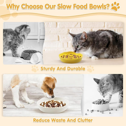 Cat Slow Feeder Bowl Set,2 Pcs Pastel Series Cat Plate for Dry and Wet Food | Cute Maze Feeder Dish for Healthy Eating- Dishwasher Safe (Yellow and White)