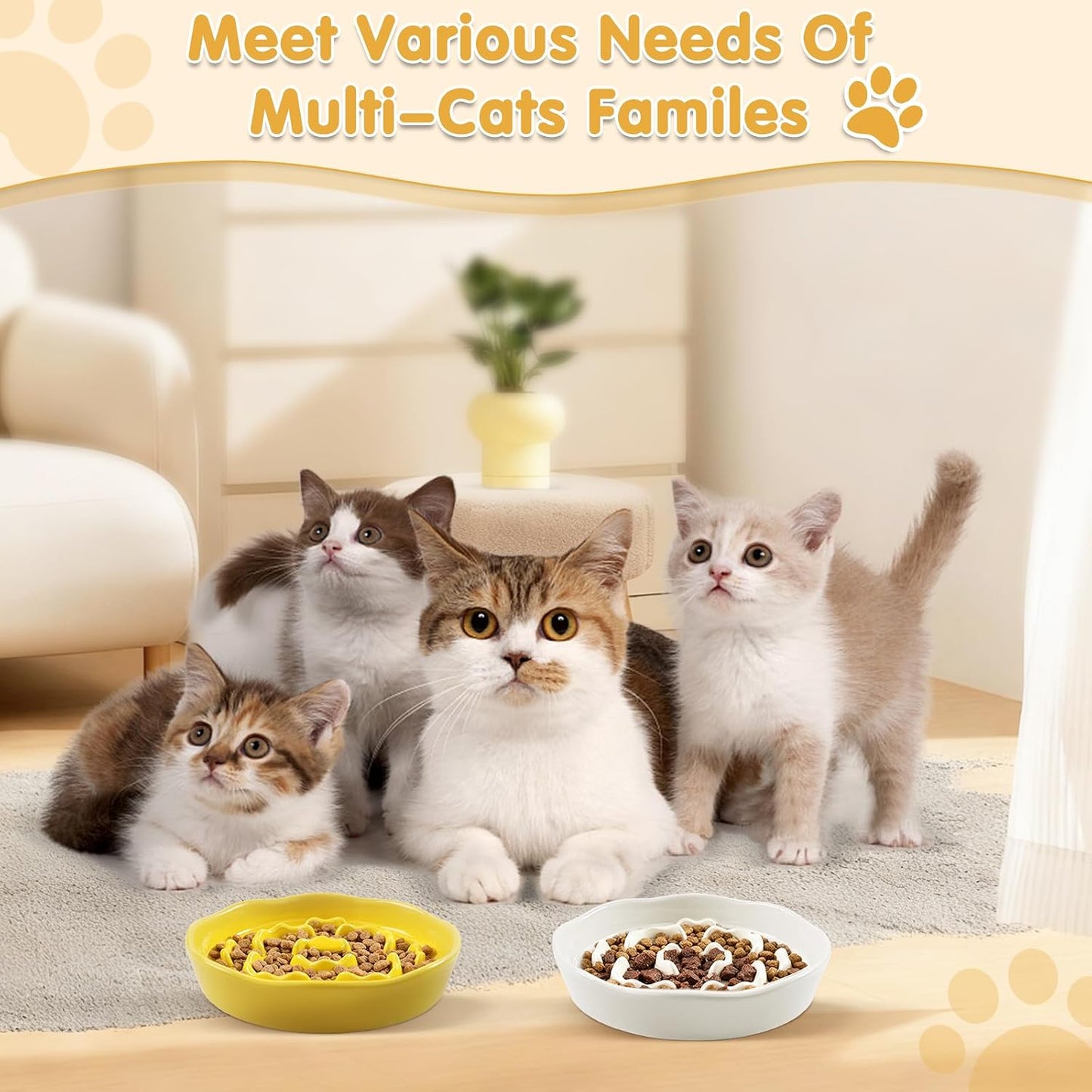 Cat Slow Feeder Bowl Set,2 Pcs Pastel Series Cat Plate for Dry and Wet Food | Cute Maze Feeder Dish for Healthy Eating- Dishwasher Safe (Yellow and White)
