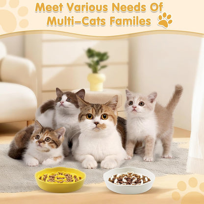 Cat Slow Feeder Bowl Set,2 Pcs Pastel Series Cat Plate for Dry and Wet Food | Cute Maze Feeder Dish for Healthy Eating- Dishwasher Safe (Yellow and White)