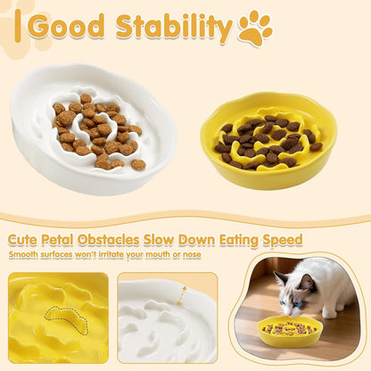 Cat Slow Feeder Bowl Set,2 Pcs Pastel Series Cat Plate for Dry and Wet Food | Cute Maze Feeder Dish for Healthy Eating- Dishwasher Safe (Yellow and White)