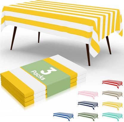 3 Packs Striped Disposable Table Cloth, 54 x 108 Inch Waterproof Rectangle Tablecloth, Leakproof & Sturdy Decorative Table Covers for Picnic, Party, Back to School and Outdoor, Yellow and White