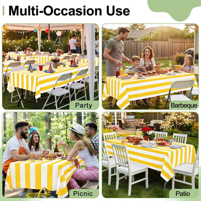 3 Packs Striped Disposable Table Cloth, 54 x 108 Inch Waterproof Rectangle Tablecloth, Leakproof & Sturdy Decorative Table Covers for Picnic, Party, Back to School and Outdoor, Yellow and White