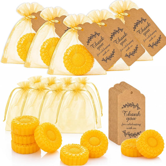 60 Set Mini Sunflower Soaps Favors Bulk for Wedding Guest Gifts | Scented Flower Soap with Yellow Organza Bags Thank You Tags for Bridal Baby Shower Birthday Party Return Gift Decorations