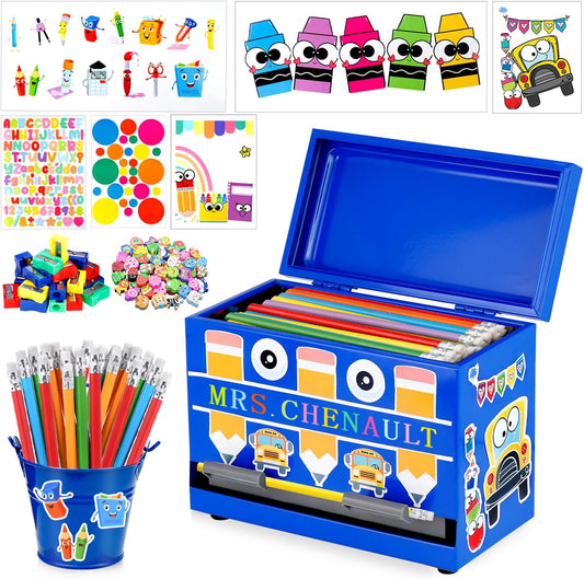 159Pcs Pencil Dispenser for Classroom,Pencil Dispenser Kit with Pencils Sharpener Erasers Stickers Metal Bucket,Pen Holder for Desk Classroom Teacher Must Haves Office Supplies(Yellow)