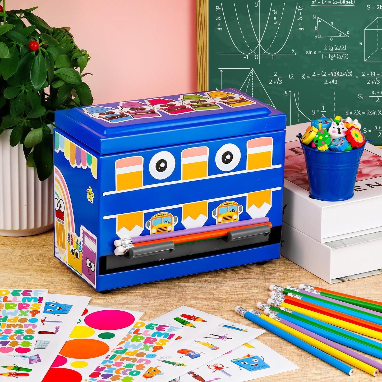 159Pcs Pencil Dispenser for Classroom,Pencil Dispenser Kit with Pencils Sharpener Erasers Stickers Metal Bucket,Pen Holder for Desk Classroom Teacher Must Haves Office Supplies(Yellow)