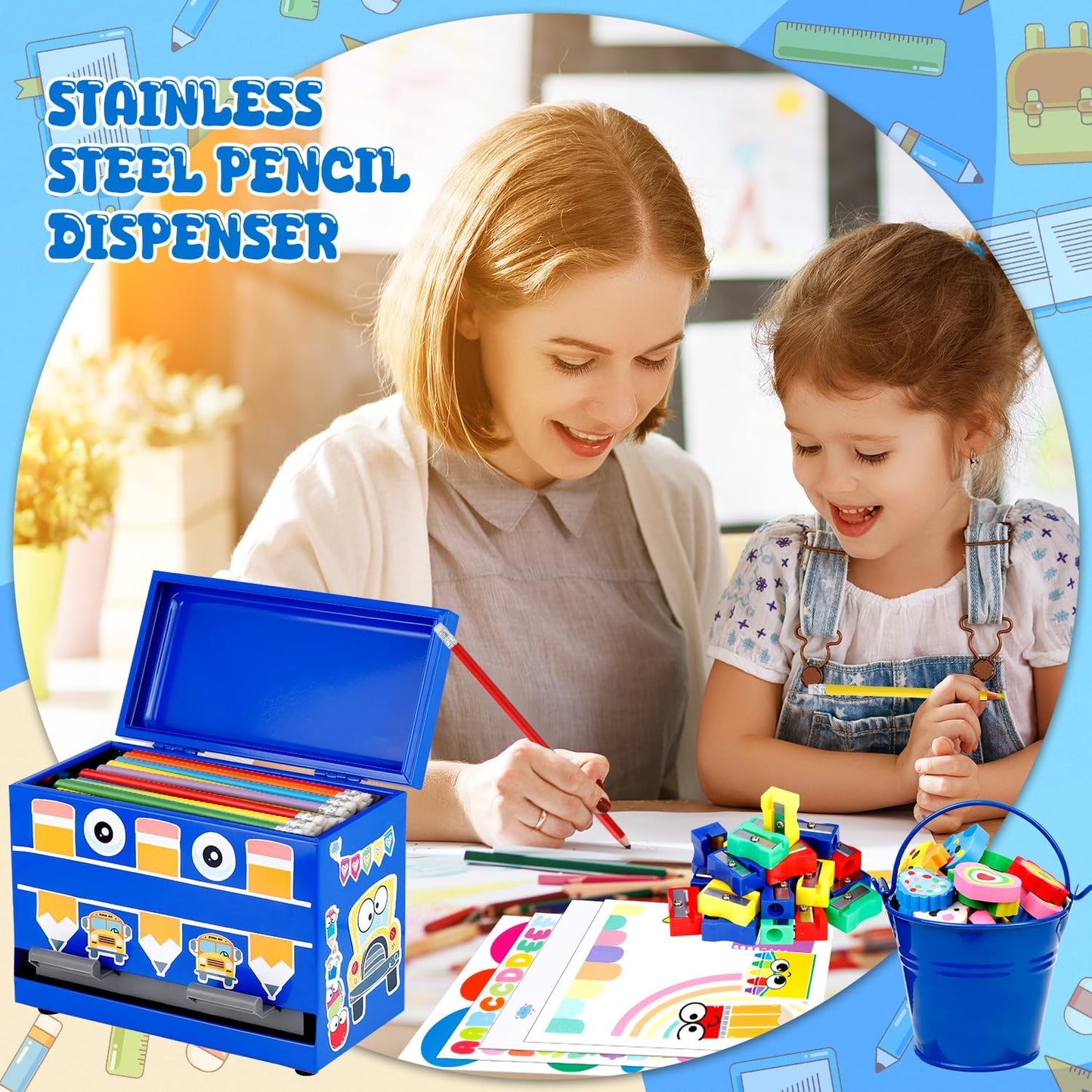 159Pcs Pencil Dispenser for Classroom,Pencil Dispenser Kit with Pencils Sharpener Erasers Stickers Metal Bucket,Pen Holder for Desk Classroom Teacher Must Haves Office Supplies(Yellow)