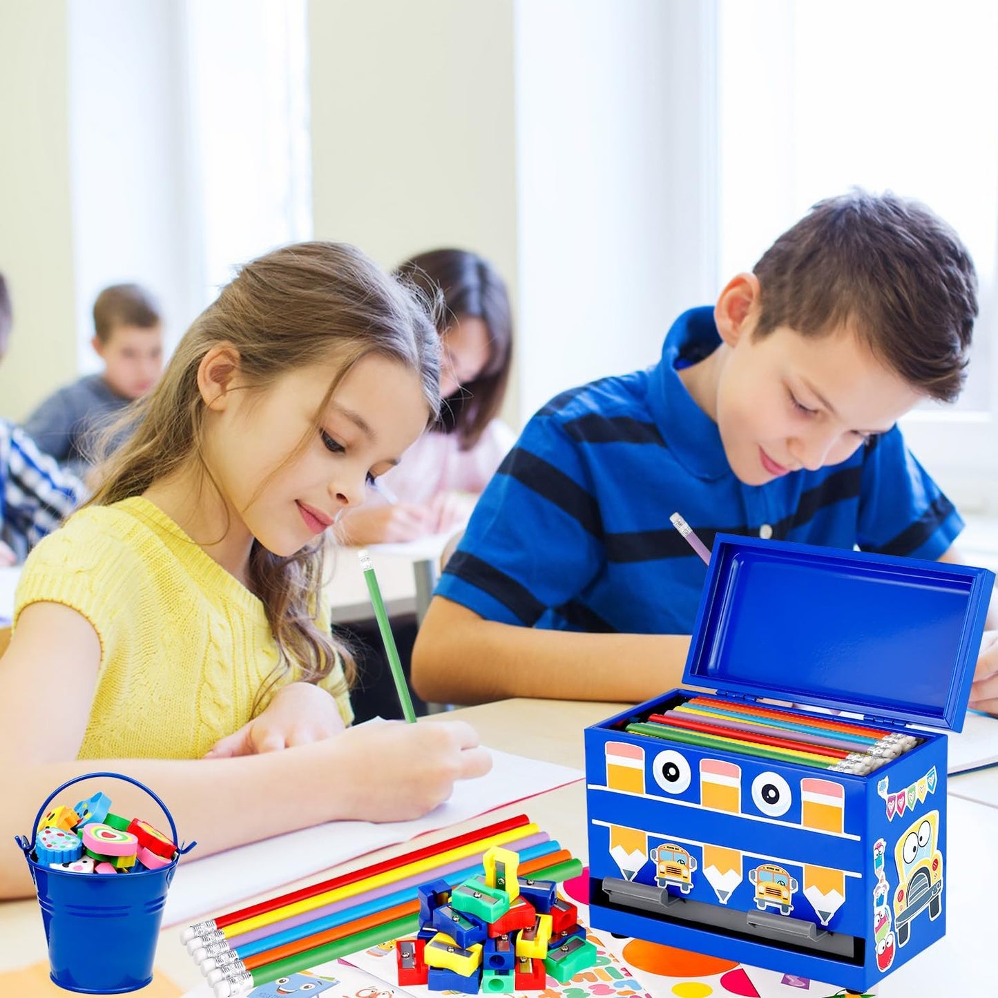 159Pcs Pencil Dispenser for Classroom,Pencil Dispenser Kit with Pencils Sharpener Erasers Stickers Metal Bucket,Pen Holder for Desk Classroom Teacher Must Haves Office Supplies(Yellow)