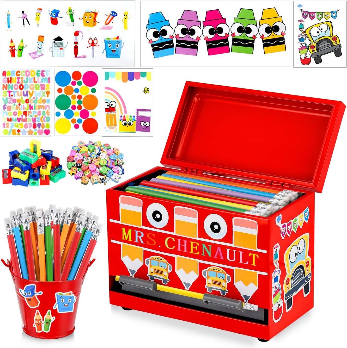 159Pcs Pencil Dispenser for Classroom,Pencil Dispenser Kit with Pencils Sharpener Erasers Stickers Metal Bucket,Pen Holder for Desk Classroom Teacher Must Haves Office Supplies(Yellow)