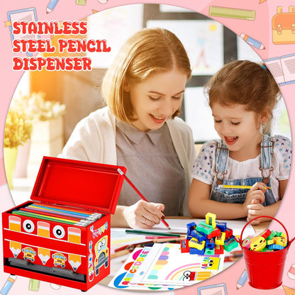 159Pcs Pencil Dispenser for Classroom,Pencil Dispenser Kit with Pencils Sharpener Erasers Stickers Metal Bucket,Pen Holder for Desk Classroom Teacher Must Haves Office Supplies(Yellow)