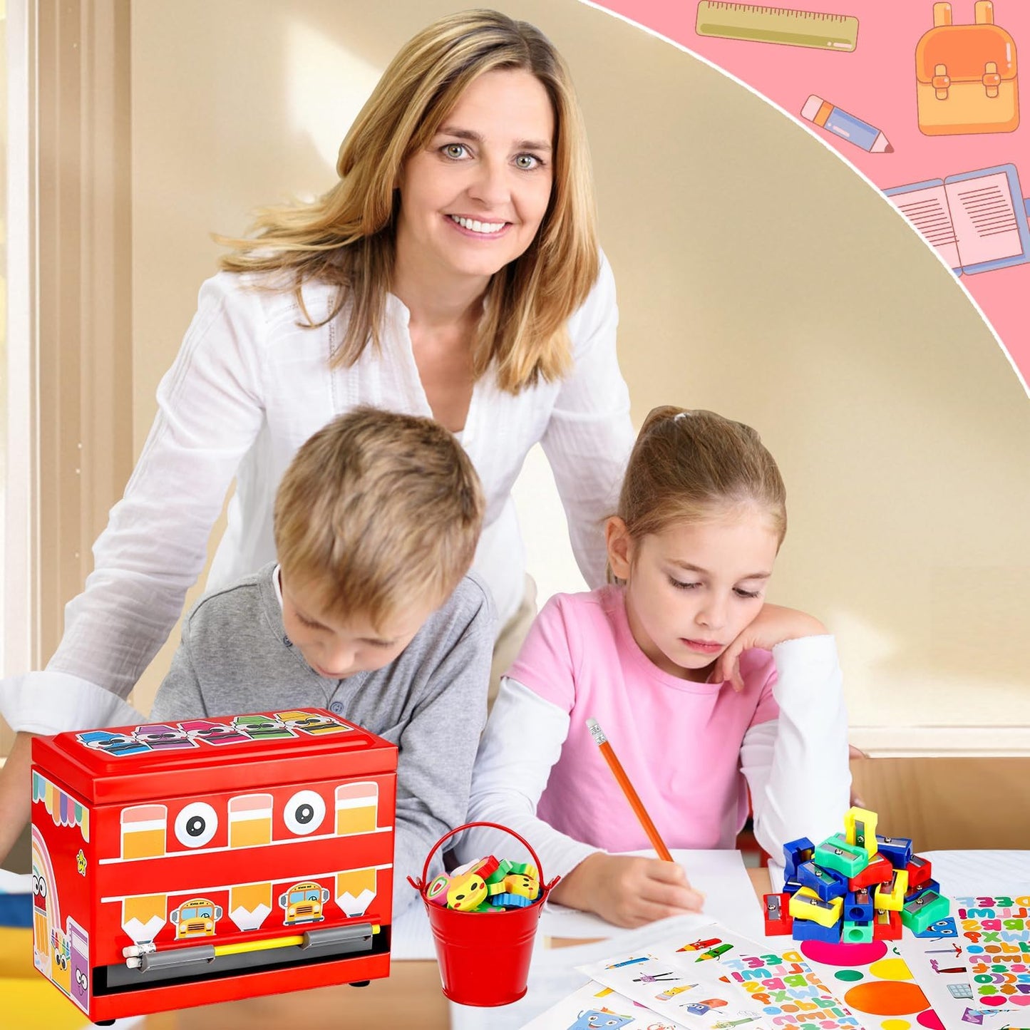 159Pcs Pencil Dispenser for Classroom,Pencil Dispenser Kit with Pencils Sharpener Erasers Stickers Metal Bucket,Pen Holder for Desk Classroom Teacher Must Haves Office Supplies(Yellow)