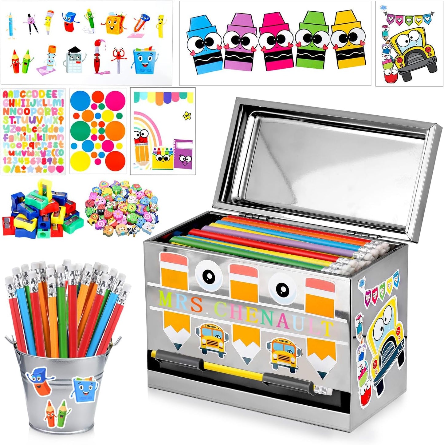 159Pcs Pencil Dispenser for Classroom,Pencil Dispenser Kit with Pencils Sharpener Erasers Stickers Metal Bucket,Pen Holder for Desk Classroom Teacher Must Haves Office Supplies(Yellow)