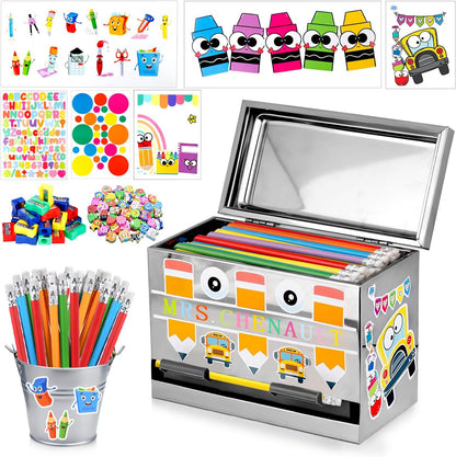 159Pcs Pencil Dispenser for Classroom,Pencil Dispenser Kit with Pencils Sharpener Erasers Stickers Metal Bucket,Pen Holder for Desk Classroom Teacher Must Haves Office Supplies(Yellow)