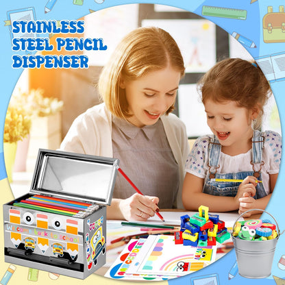 159Pcs Pencil Dispenser for Classroom,Pencil Dispenser Kit with Pencils Sharpener Erasers Stickers Metal Bucket,Pen Holder for Desk Classroom Teacher Must Haves Office Supplies(Yellow)