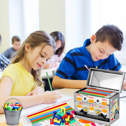 159Pcs Pencil Dispenser for Classroom,Pencil Dispenser Kit with Pencils Sharpener Erasers Stickers Metal Bucket,Pen Holder for Desk Classroom Teacher Must Haves Office Supplies(Yellow)