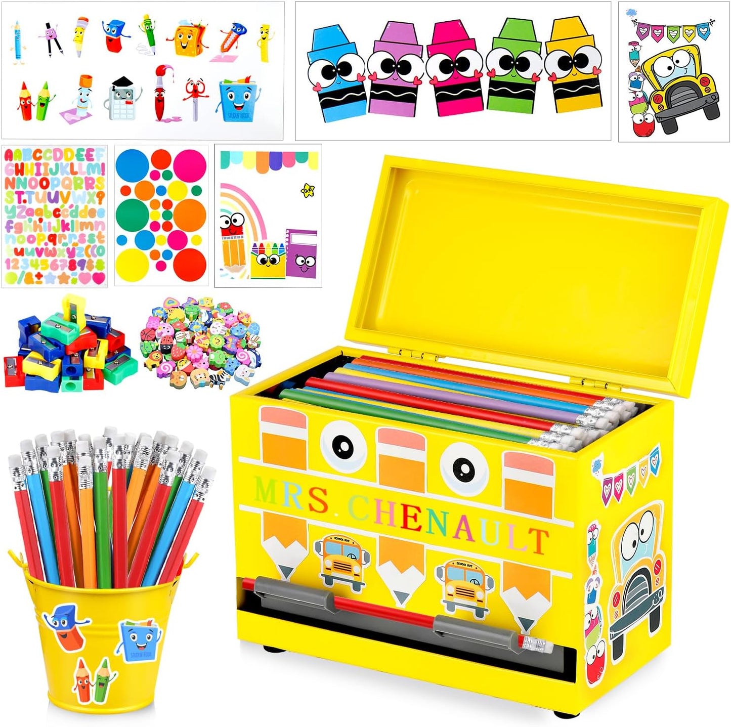 159Pcs Pencil Dispenser for Classroom,Pencil Dispenser Kit with Pencils Sharpener Erasers Stickers Metal Bucket,Pen Holder for Desk Classroom Teacher Must Haves Office Supplies(Yellow)