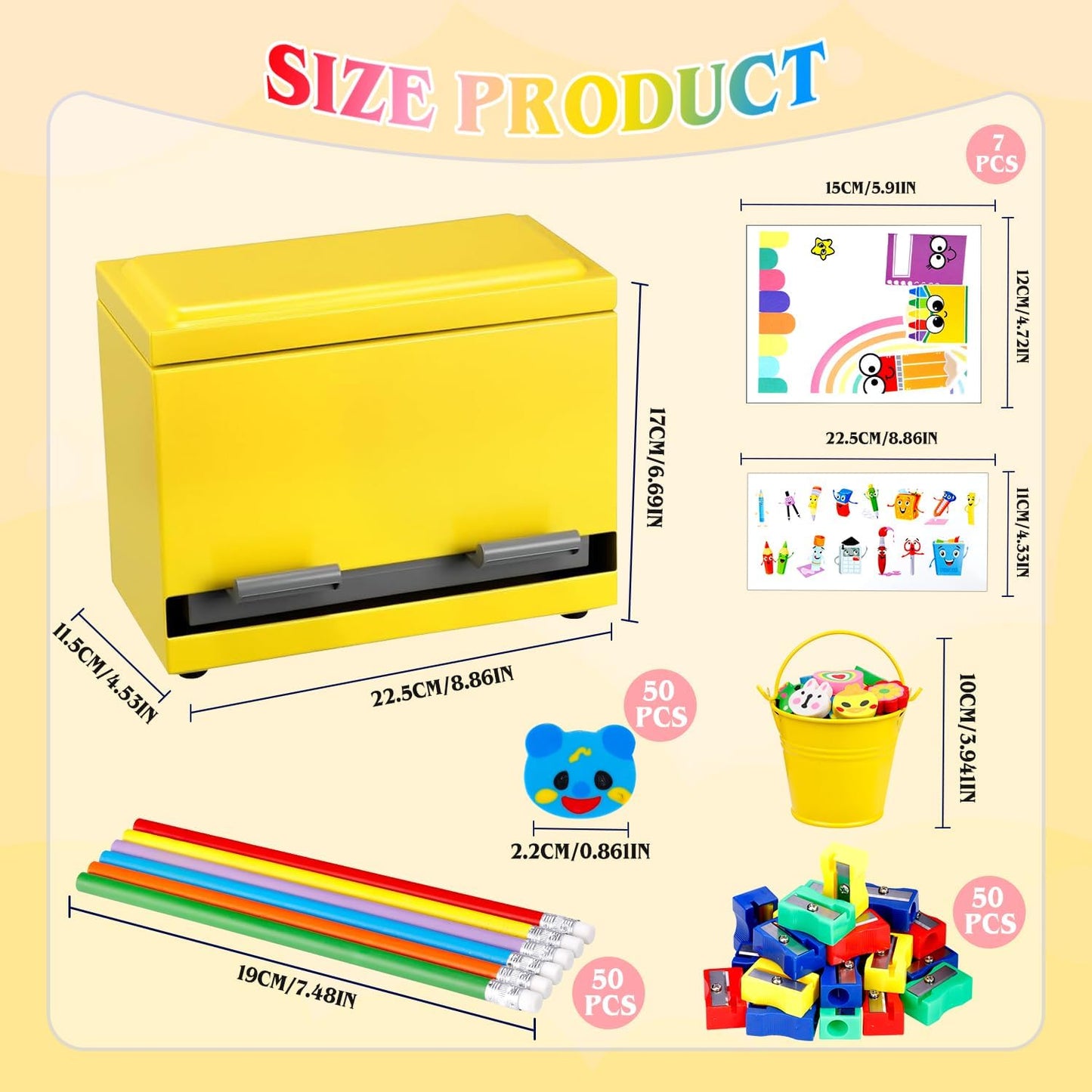 159Pcs Pencil Dispenser for Classroom,Pencil Dispenser Kit with Pencils Sharpener Erasers Stickers Metal Bucket,Pen Holder for Desk Classroom Teacher Must Haves Office Supplies(Yellow)